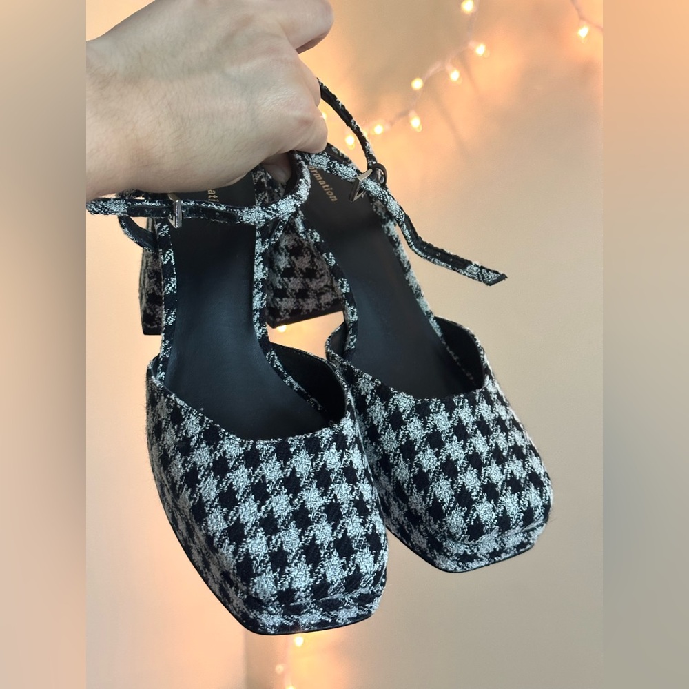 Reformation Marisol Platform Heel Sandal Black/White Tweed